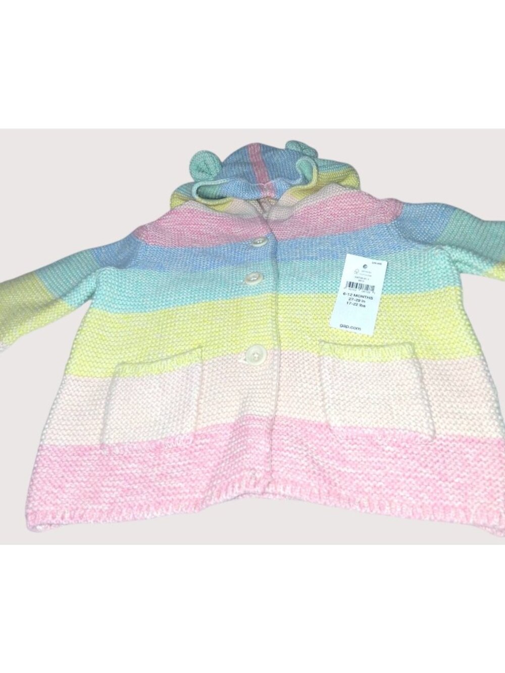 Baby Hooded Knit Cardigan With Ears By Gap 6-12 Months Rainbow Pastel Stripes•78